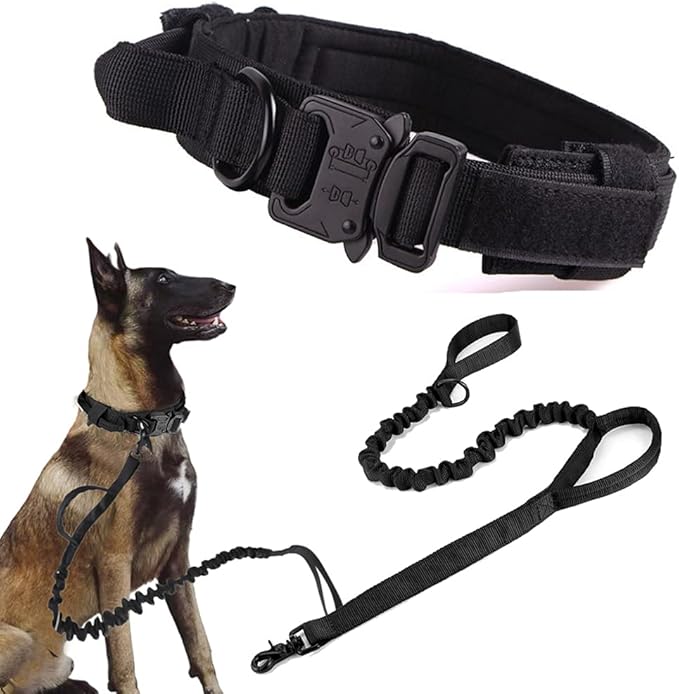 Tactical Dog Collar and Leash Set Adjustable Military Nylon Dog Collar with Control Handle and Heavy Duty Metal Buckle for Large Dogs（Black XL | 1000D Heavy-Duty Nylon Fabric,Quick-Release Metal Buckle,Adjustable Fit,Soft-Padded Webbing,D-Ring,for Trai...