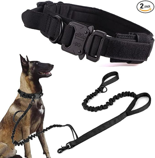 Tactical Dog Collar and Leash Set for Large Dogs with Control Handle，Black | 1000D Heavy-Duty Nylon Fabric,Quick-Release Metal Buckle,Adjustable Fit,Soft-Padded Webbing,D-Ring,for Training & Hiking,M