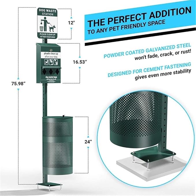 Pemberly Row Pet Waste Station, 76 in Galvanized Steel, Green Finish, Triple Roll Bag Dispenser, Lidded Trash Can, Glow-in-the-Dark Sign, Hand Sanitizer, Commercial & Residential Outdoor Use