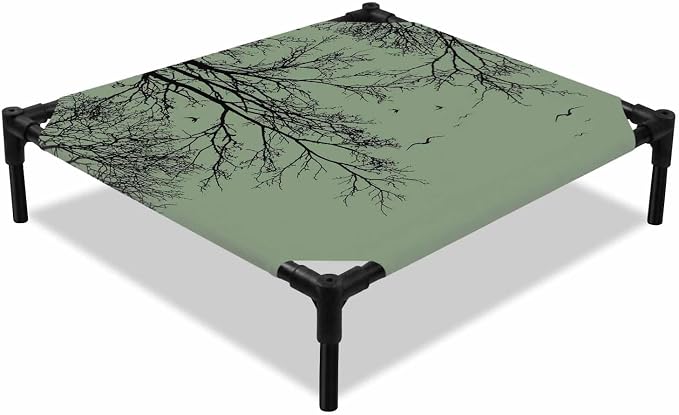 Outdoor Elevated Dog Bed for Small Dogs, Green Black Branches Breathable Cooling Raised Dog Cot for Indoor/Outdoor, Botanical Dead Tree Birds Waterproof Elevated Pet Beds, S 20 x 20 in