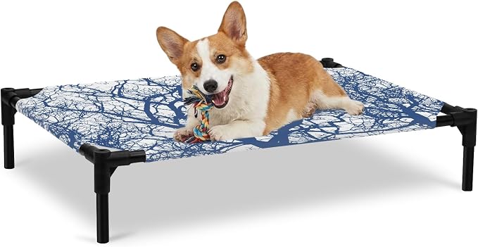 Outdoor Elevated Dog Bed for Large Dogs, Modern Tree Branches Breathable Cooling Raised Dog Cot for Indoor/Outdoor, Contemporary Sky Blue Botanical Waterproof Elevated Pet Beds, L 28 x 22 in