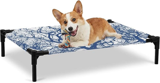 Outdoor Elevated Dog Bed for Large Dogs, Modern Tree Branches Breathable Cooling Raised Dog Cot for Indoor/Outdoor, Contemporary Sky Blue Botanical Waterproof Elevated Pet Beds, L 28 x 22 in