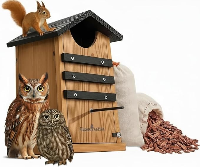 Cedar Screech Owl House Box, Squirrel House, Duck Nesting Shelter, Cedar Bird House for Outside, Rustic Big Birdhouse,Nesting Shelter Nester Large Heavy, Stainless Steel Perch,Assemble Needed