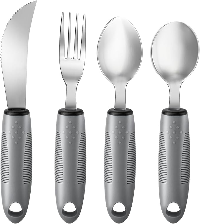 AuntyFey 4PCS Weighted Adaptive Utensils, Parkinsons Utensils for Hand Tremors, Elderly, 3.5oz Weighted Utensils for Tremors and Parkinsons Patients, Disabled (Gray, Straight)