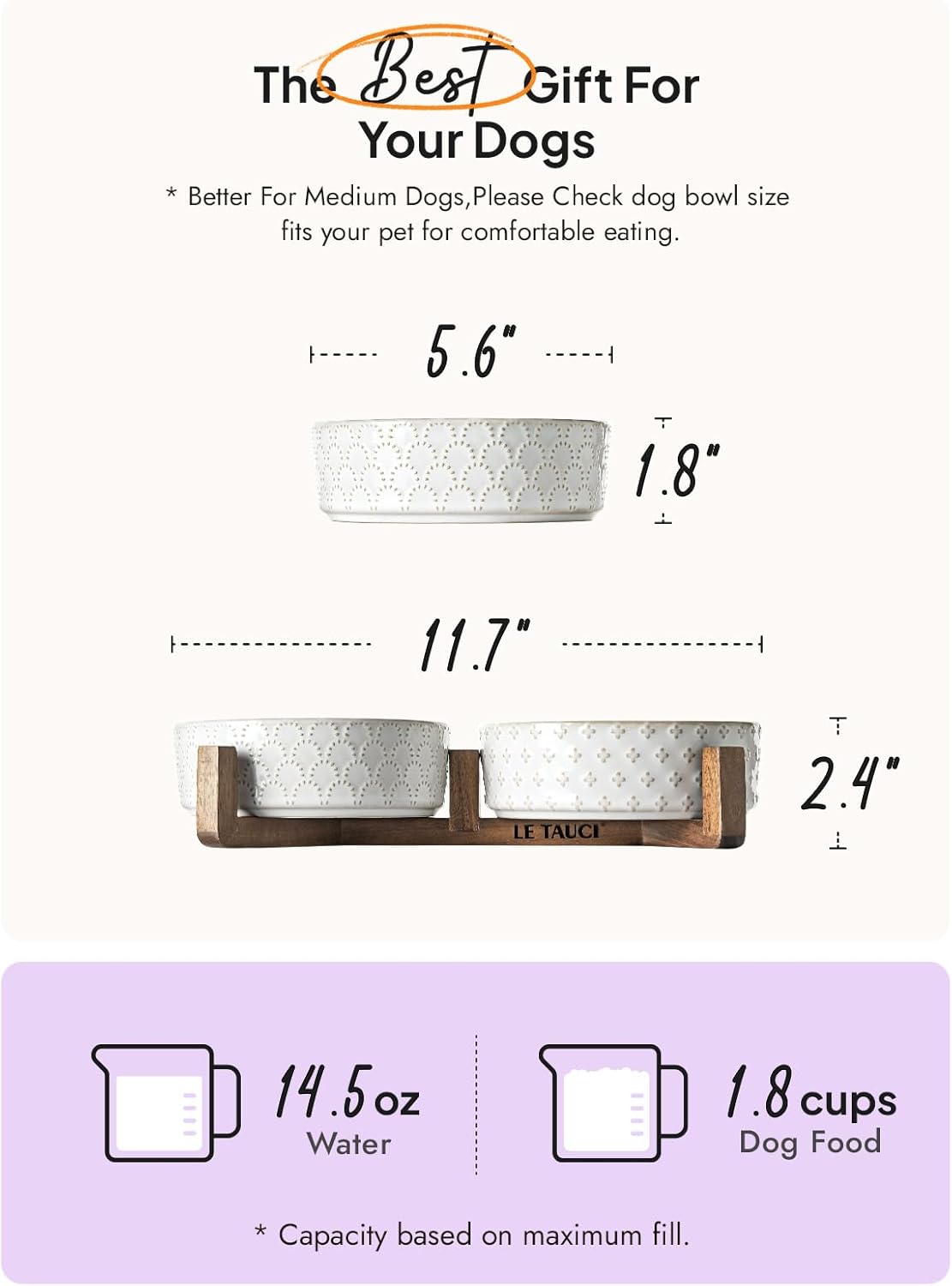 LE TAUCI Dog Bowl Set with Acacia Wood Stand - 1.5-Cup Ceramic Puppy Bowls for Small Dogs, Dual Food and Water Bowls with Weighted Non-Slip Base, Clover