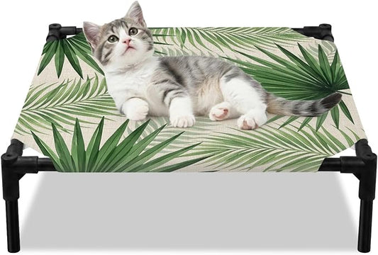 Outdoor Elevated Dog Bed for Small Dogs, Summer Leaves Breathable Cooling Raised Dog Cot for Indoor/Outdoor, Rustic Tropical Palm Leaf Plants Branches Waterproof Elevated Pet Beds, S 20 x 20 in