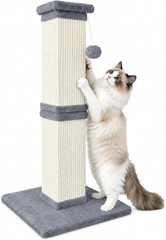 Vertical Cat Scratching Post for Indoor Cats, Sisal Scratch Tower with Soft Plush Base & Ball, 32'' Tall Cat Scratcher Column for Kittens and Adult Cats, Furniture Protection, Light Grey