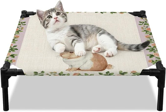 Outdoor Elevated Dog Bed for Small Dogs, Country Bunny Breathable Cooling Raised Dog Cot for Indoor/Outdoor, Farmhouse Rustic Flower Leaf Plant Beige Waterproof Elevated Pet Beds, S 20 x 20 in