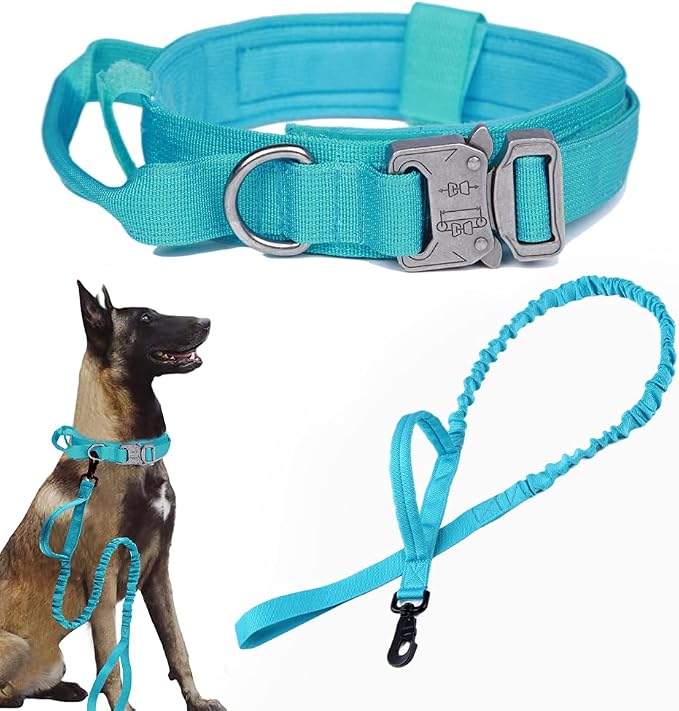 Tactical Dog Collar and Leash Set Adjustable Military Nylon Dog Collar with Control Handle and Heavy Duty Metal Buckle for Large Dogs（Blue M | 1000D Heavy-Duty Nylon Fabric,Quick-Release Metal Buckle,Adjustable Fit,Soft-Padded Webbing,D-Ring,for Traini...