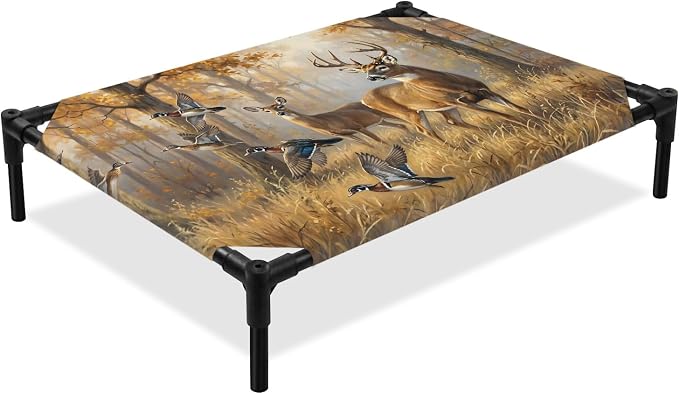 Outdoor Elevated Dog Bed for Large Dogs, Brown Deer Birds Breathable Cooling Raised Dog Cot for Indoor/Outdoor, Autumn Forest Trees Grass Natural Scenery Waterproof Elevated Pet Beds, L 28 x 22 in