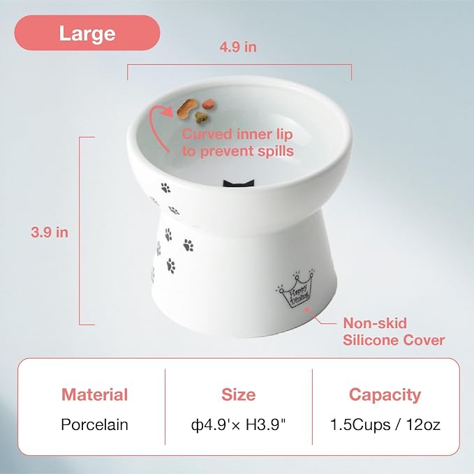 Necoichi Raised Cat Food Bowl – Ceramic Elevated Cat Bowl for Whisker & Neck Fatigue, Dishwasher Microwave Safe – Non-Slip & Anti Vomiting Ergonomic Design (Cats, Large Flat)