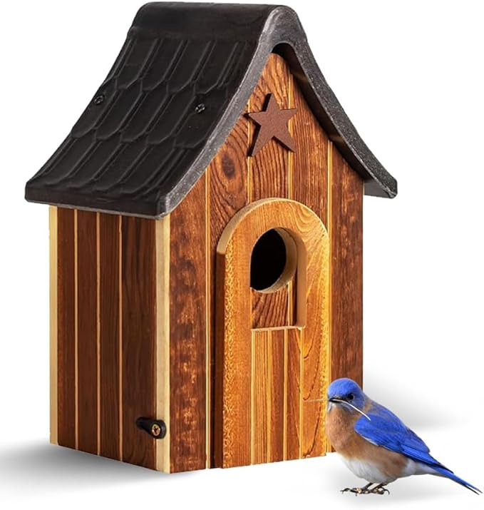 Water Proof Bluebird Bird Houses for Outside, 1.5" Entrance with Landing Perch Guard, Rustic Patriot Style, Squirrel Proof Composite Material Bird House for Outdoor, HDPE Roof 10 Years Weatherable