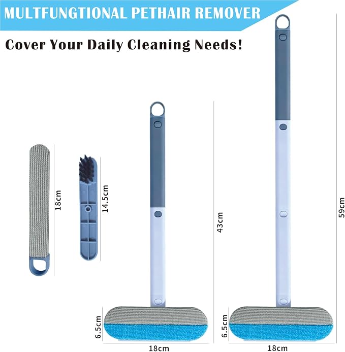 4 in 1 Pet Hair Remover, Reusable Washable Lint Brush for Dog and Cat Hair - Multifunctional Fur Removal Tool, 17.3Inch Adjustable Long Handle, for Couch, Furniture, Carpet, Car Seat, Clothes, Bedding
