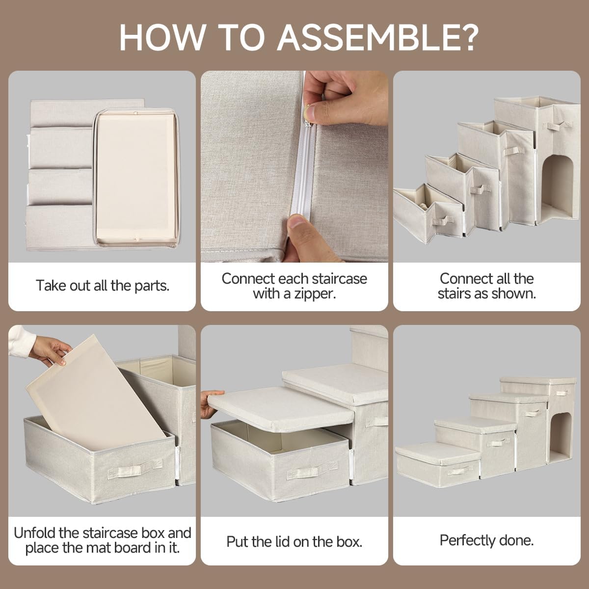 Dog Stairs with Storage, Folding Pet Steps with Zip for Small Dogs and Cats, 4-Step Pet Stairs with Pet House for High Bed, Couch and Car Ramp, Up to 200 Lbs (Beige, 4 Steps with Condo)