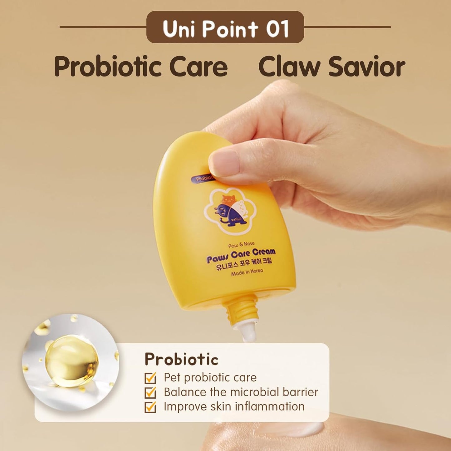 UNIPAWS Probiotic Moisturizing Cream for Dogs & Cats – Organic & Lick-Safe Relief for Dry, Cracked, Itchy Paws, Noses, Elbows & Ears – Skin-Care, Non-Greasy Formula, Made in Korea, 2.1 oz / 60g