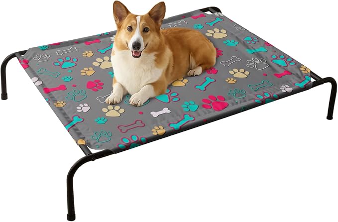 QOOMO Elevated Dog Bed with Cooling Fabric, Pet Cot for Small and Big Dogs, Indoor and Outdoor Use, Joint Relief, Cute Printed Cushion Included (Colored Paw Prints, 35.43" L*25.59" W*8.27" Th)