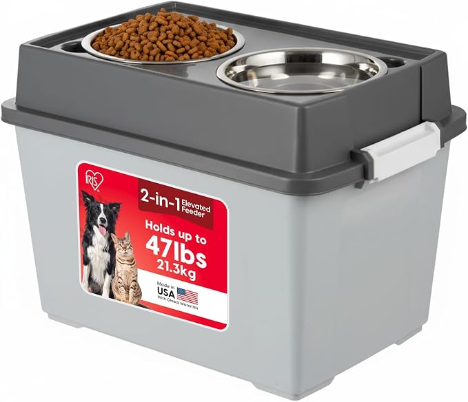 IRIS USA Elevated Dog Bowls 15" H, up to 47 lb Storage, Gray/Dark Gray | Made in the USA, Comes with 2 Stainless Steel Bowls (64 oz), Elevated Feeder, Reduce Strain, Perfect for Camping & Outdoors