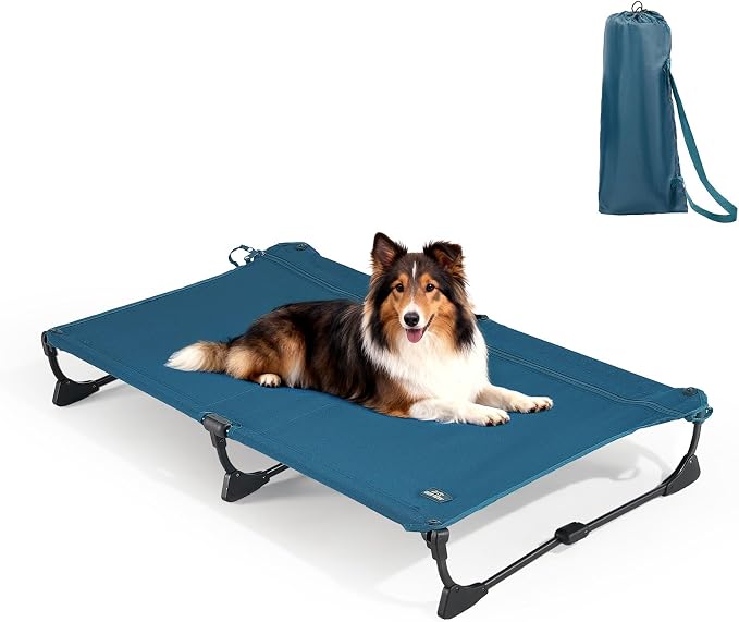 Folding Raised Dog Cot, Large Outdoor Elevated Dog Bed with Upgraded Non-Slip Feet, Cooling Chew Proof Portable Heavy Duty Pet Cot Up to 160 lbs for Camping/Home, Dark Blue, 43"x27"