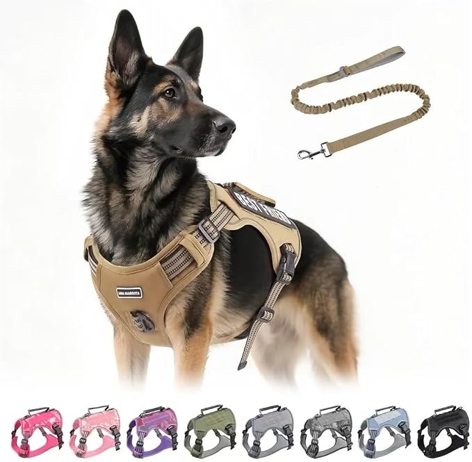 Tactical Dog Harness with Leash for Large Dogs, No Pull Adjustable Dog Harness, Reflective K9 Working Pet Vest for Walking, Training (Khaki, M)