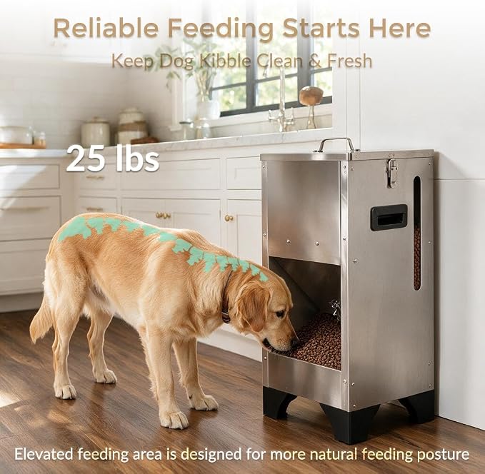 Automatic Dog Feeder Large Breed Outdoor Kennel,Elevated Dog Food Dispenser | 25lbs Gravity Dog Food Station, Stainless Steel, Elevated 3.1" Design, Viewing Window & Dual Lock Secure Prevent Overeating
