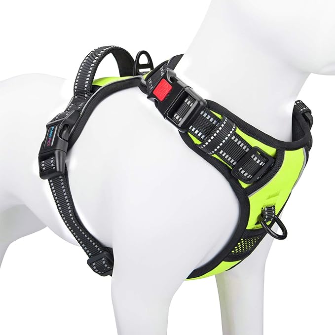 Reflective Dog Harness Large Breed Adjustable No Pull Vest | with Handle 2 Metal Rings 3 Buckles [Easy to Put on & Take off](L, Green)