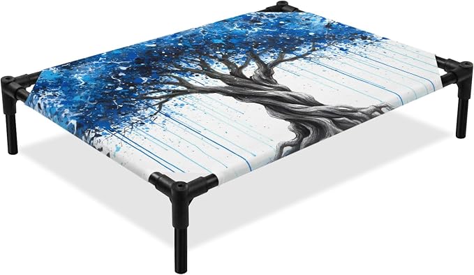 Outdoor Elevated Dog Bed for Large Dogs, Blue Trees Breathable Cooling Raised Dog Cot for Indoor/Outdoor, Boho Nature Branch Leaf Plants Landscape Waterproof Elevated Pet Beds, L 28 x 22 in