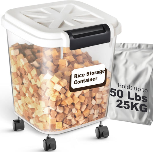 Airtight Rice Storage Container 50 lbs, Attachable Wheels, for Dog Cat Bird and other Pet Food Storage Bin, Keep Fresh, Easy Mobility, BPA Free, White