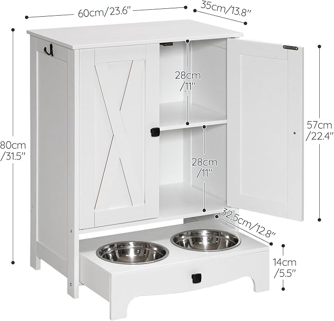 HOOBRO Dog Feeding Station with Storage and Hooks, Dog Food Storage Cabinet with Feeding Bowls, Pet Feeding Station with Sliding Drawer and 2 Hidden Bowls for Dog & Cat, White WT12PO03G1