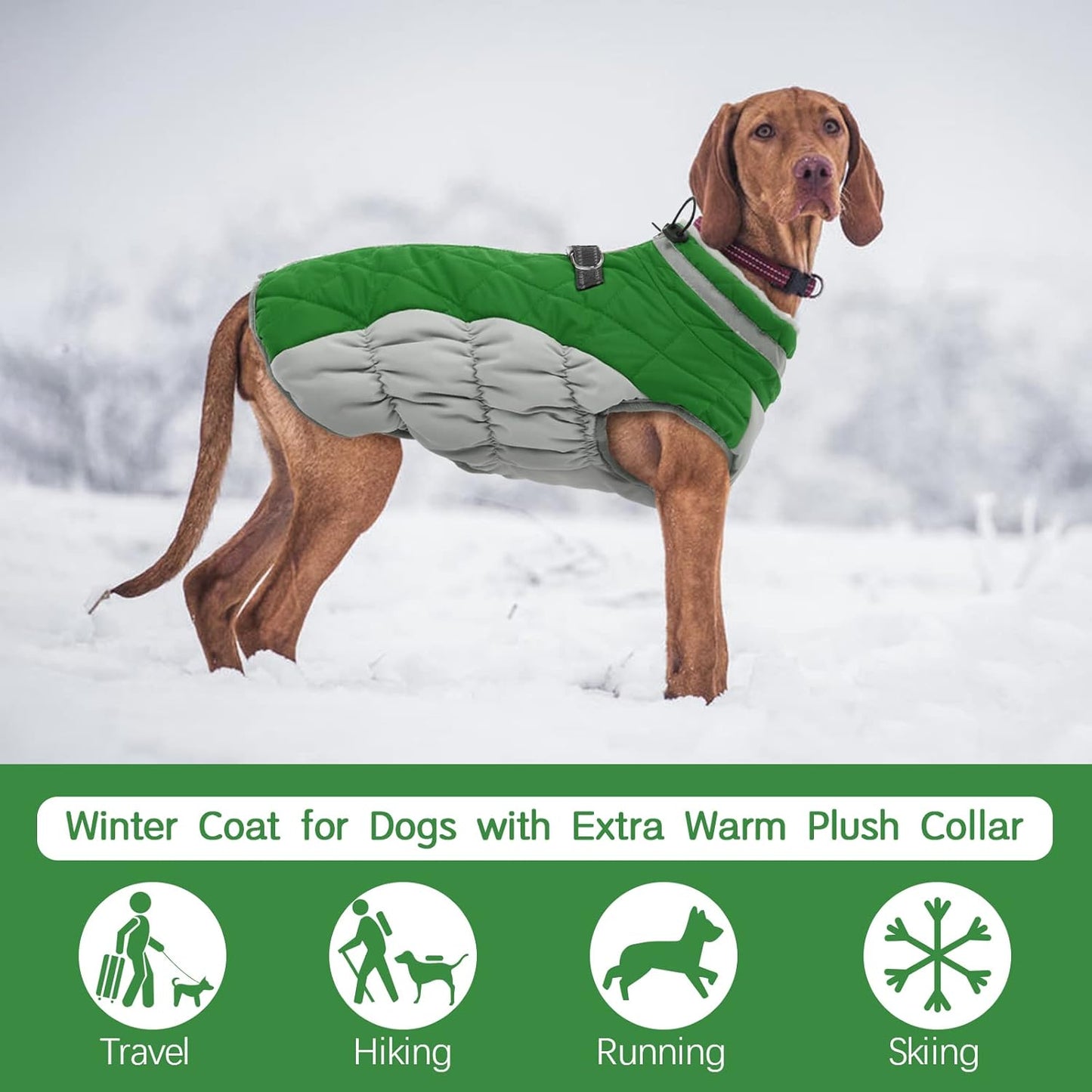 FUAMEY Dog Coat for Large Dogs,Waterproof Dog Winter Jacket with Harness Built in Puppy Cold Weather Coats Reflective Pet Vest with Zipper Warm Fleece Dogs Snowsuit Windproof Green XL