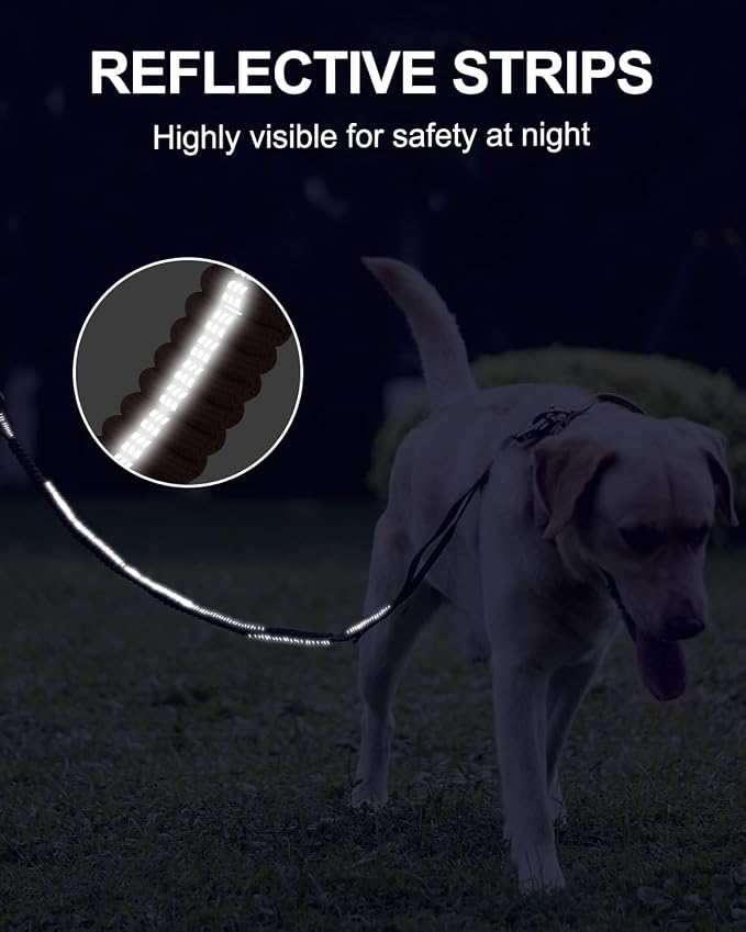 Joytale Tactical Bungee Dog Leash, Shock Absorbing No Pull, Brown | for Large Dogs That Pull, 2 Padded Handles for Control, Car Seatbelt Clip, Reflective for Night Safety, Metal Frog Clip