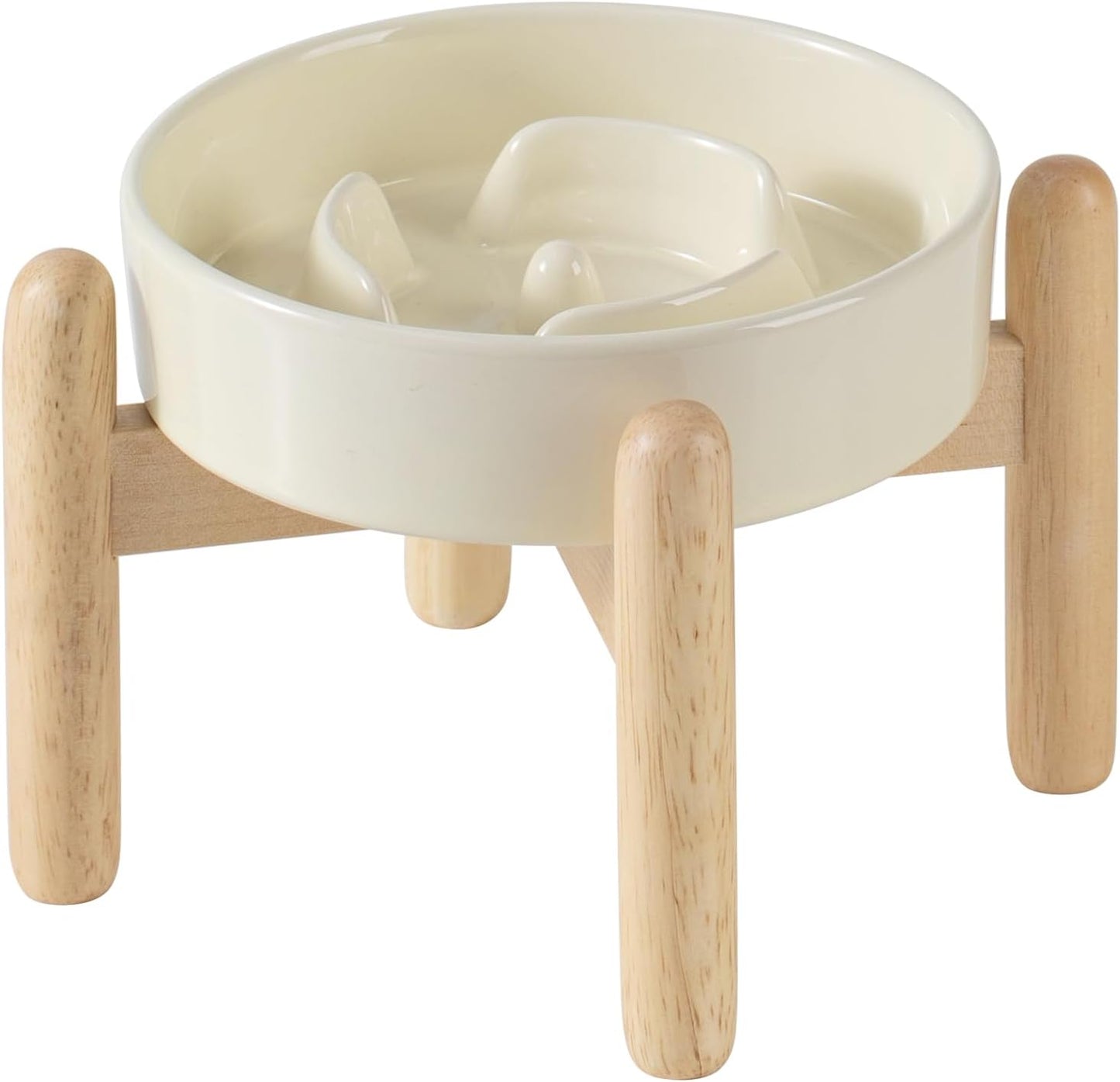 6.1inch Ceramic Raised Dog Slow Feeder Set, Elevated Bowl with Wooden Stand for Small Dog and Cat, Puzzle Slow Dog Food Dish, Anti-Gulping(Beige, Single Bowl+ Stand)