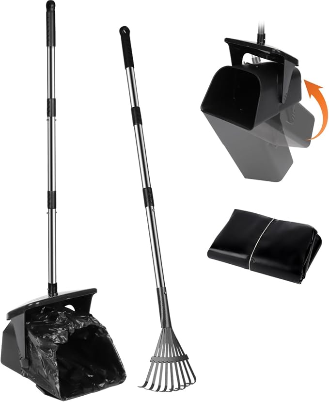 Dog Poop Scooper with 20 Bag Attachment Long Handle Swivel Bin, Rake Heavy Duty Pooper Scooper for Large Medium Dogs Easy to Clean Pet Accessory Pet Waste Removal Solution for Yard, Grass, Gravel