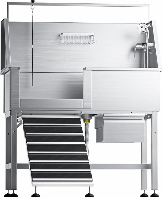 46" Dog Wash Station, 304 Stainless Steel, Side Ramp, 440 lb | Storage Drawer, pet grooming tub, hot cold faucet, fixed sprayer, shampoo dispenser, S-trap, hair filter, garage outdoor use