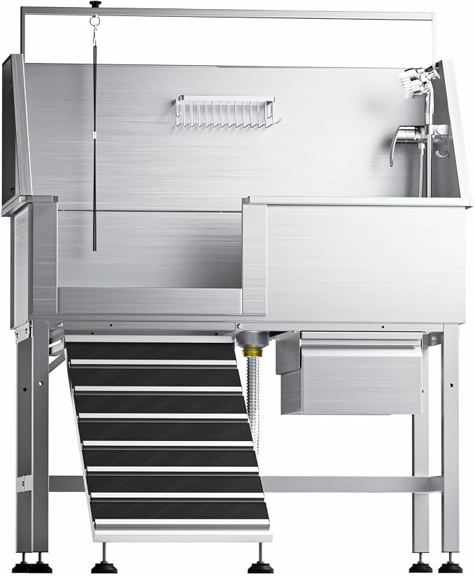 46" Dog Washing Station, Leak-Proof 304 Stainless Steel Dog Bathtub with Non-Slip Removable Left Stair & Storage Drawer, Elevated Pet Wash Station for Large Dogs, Indoor & Outdoor Use (Left Ramp)