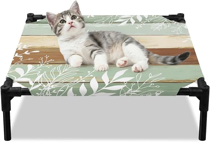 Outdoor Elevated Dog Bed for Small Dogs, Teal Brown Botanical Breathable Cooling Raised Dog Cot for Indoor/Outdoor, Farmhouse Wooden Leaves Waterproof Elevated Pet Beds, S 20 x 20 in
