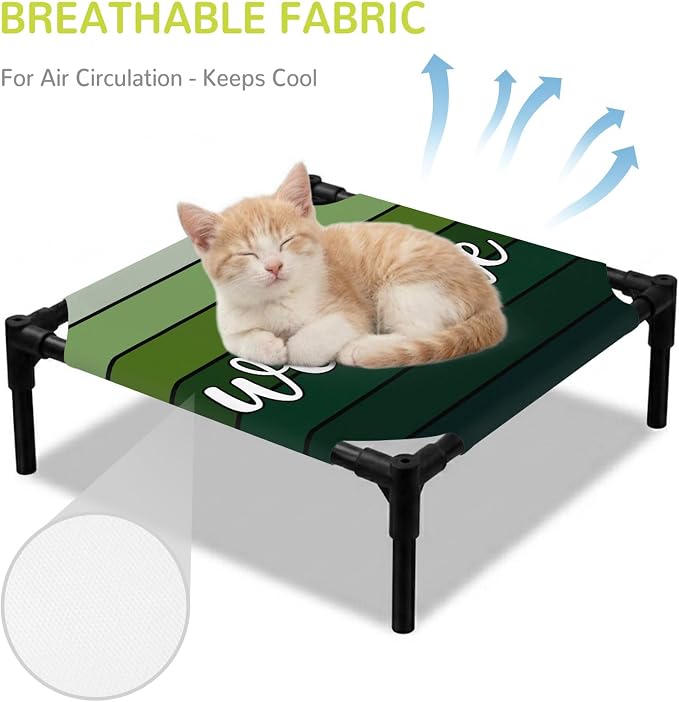 Outdoor Elevated Dog Bed for Small Dogs, Green Wooden Grain Breathable Cooling Raised Dog Cot for Indoor/Outdoor, Ombre Farmhouse Country Wood Plank Waterproof Elevated Pet Beds, S 20 x 20 in