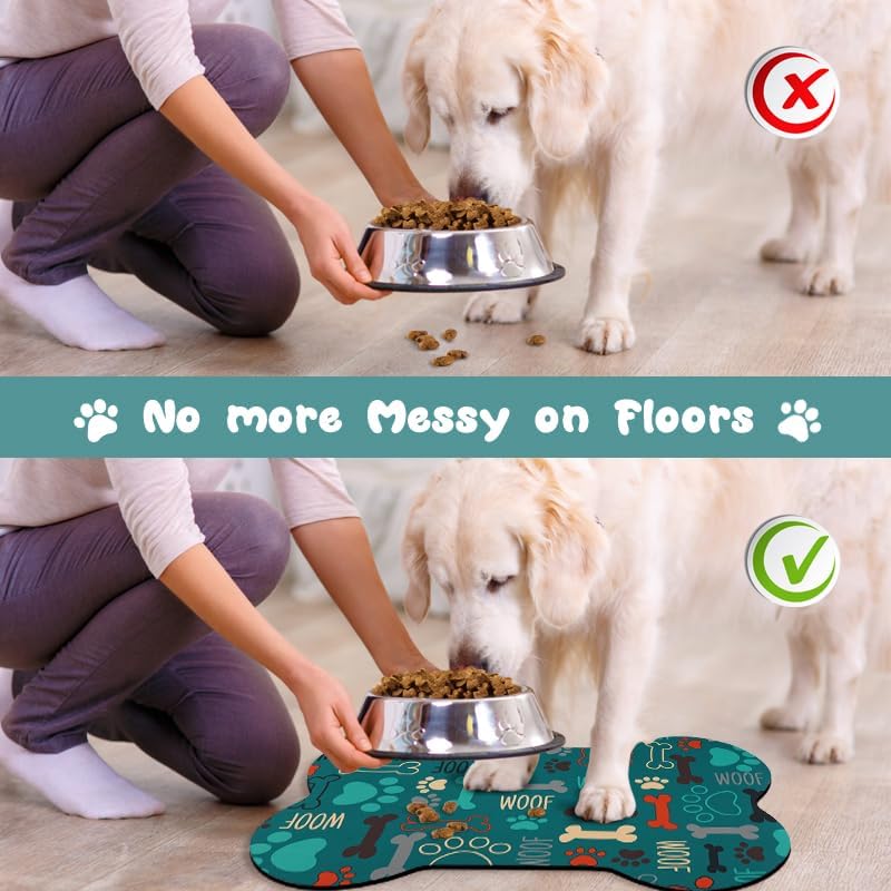 Dog Food Mats for Floors Waterproof, Pet Feeding Absorbent Water Bowl Mat Cat Placemats Green Bone Shape 25.5 * 17 inch