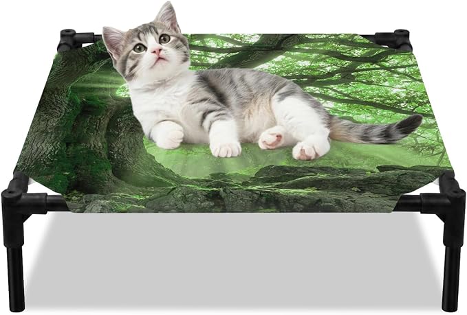 Outdoor Elevated Dog Bed for Small Dogs, Green Trees Breathable Cooling Raised Dog Cot for Indoor/Outdoor, Sunlight Forest Branches Nature Scenery Waterproof Elevated Pet Beds, S 20 x 20 in