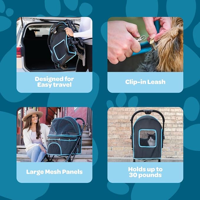 Carlson Pet Stroller for Dogs and Cats up to 30 lb, Foldable Travel Stroller with Mesh Canopy, Umbrella, Swivel Wheel, Rear Brakes, Reflective Trim, Black