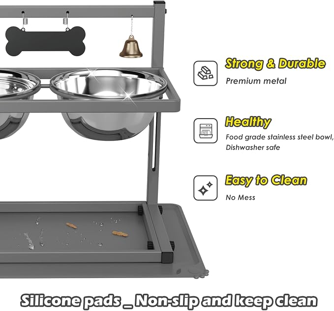 SHAINFUN Grey Raised Dog Bowl Stand with Two 1700ml Stainless Steel Food Bowl, a Slow Feeder and Silicone Pet Feeding Mat, Adjustable Dog Feeder, Elevated Dog Bowls for Large Medium and Small Dogs
