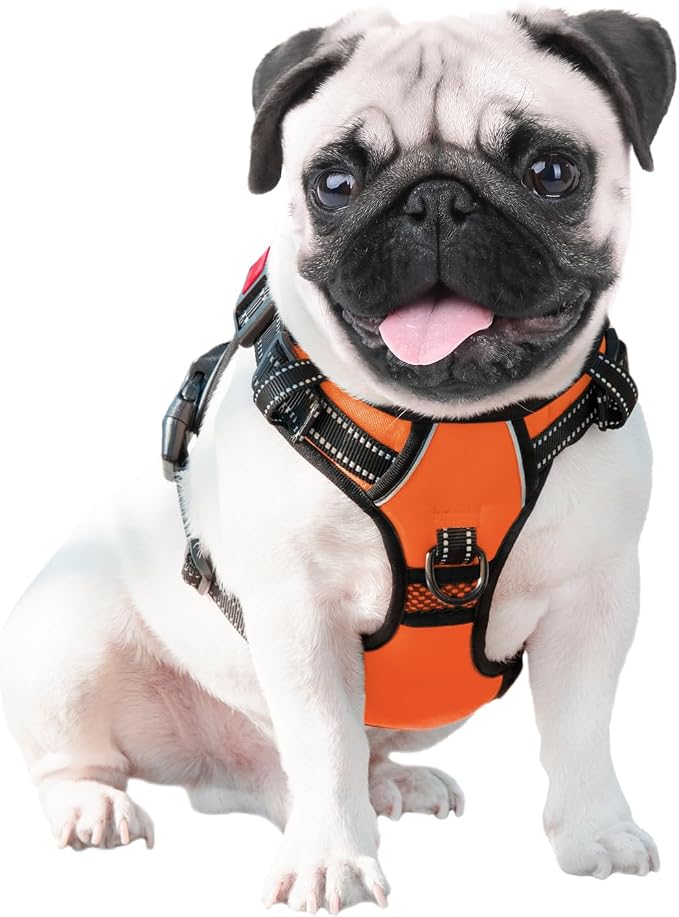 Reflective Dog Harness Large Breed Adjustable No Pull Vest | with Handle 2 Metal Rings 3 Buckles [Easy to Put on & Take off](XL, Orange)