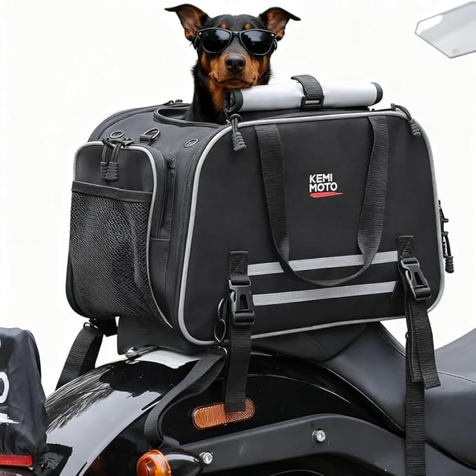 KEMIMOTO Motorcycle Dog Carrier Expandable for Small Dog & Cats Under 17lbs, Fit for Motorcycle Luggage Rack or Passenger Seat, Airline Approved Pet Carrier with Shoulder Strap, Folding & Portable