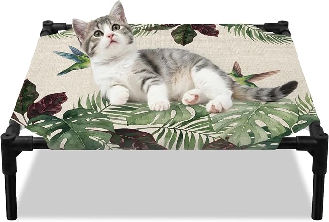 Outdoor Elevated Dog Bed for Small Dogs, Summer Hummingbirds Breathable Cooling Raised Dog Cot for Indoor/Outdoor, Tropical Palm Leaves Farmhouse Rustic Waterproof Elevated Pet Beds, S 20 x 20 in
