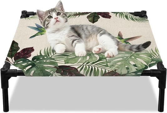 Outdoor Elevated Dog Bed for Small Dogs, Summer Hummingbirds Breathable Cooling Raised Dog Cot for Indoor/Outdoor, Tropical Palm Leaves Farmhouse Rustic Waterproof Elevated Pet Beds, S 20 x 20 in