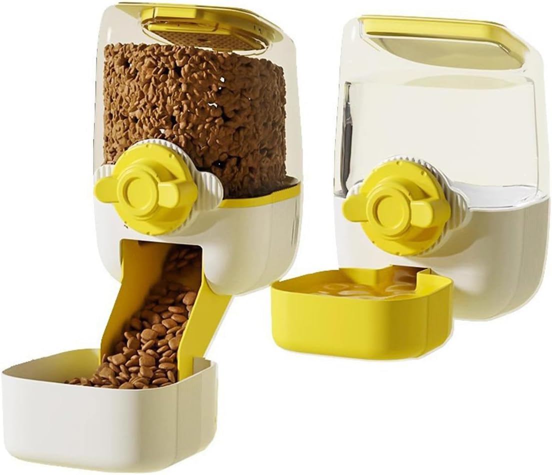 Pet Hanging Automatic Feeders Drinking Bowls，Gravity Rabbit Feeder and Water Set，Cage Cat Food Bowl Feeding Station for Puppy Kitten Chinchilla Hedgehog Guinea Pig Ferret (Yellow-Food)