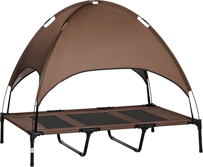 PawHut Elevated Portable Dog Cot Pet Bed with UV Protection Canopy Shade, 48 inch, Coffee | Large Pet Bed, Outdoor Dog Cot, UV Protection Shade, Camping