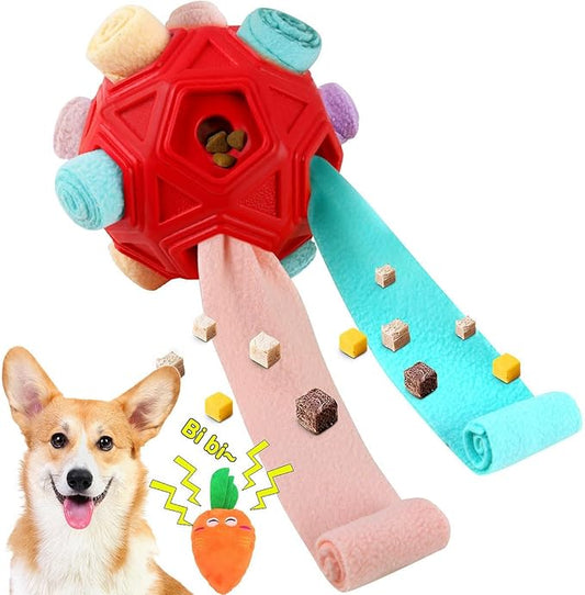 Dog Snuffle Ball-Interactive Puzzle Dog Toys Encourage Natural Foraging Skills Slow Feeder for Training and Stress Relief, Cloth Strip Hiding Food Dog Toys for Any Size Dogs (Red Macaron)