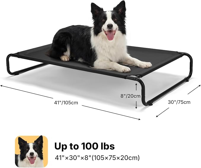 Veehoo Cooling Elevated Dog Bed, Outdoor Raised Dog Bed for Large Dogs | Dog Cot with Thickened Frame, Durable Teslin Mesh & Anti-Slip Rubber Feet, Pet Hammock for Indoor or Camping, 41", Black