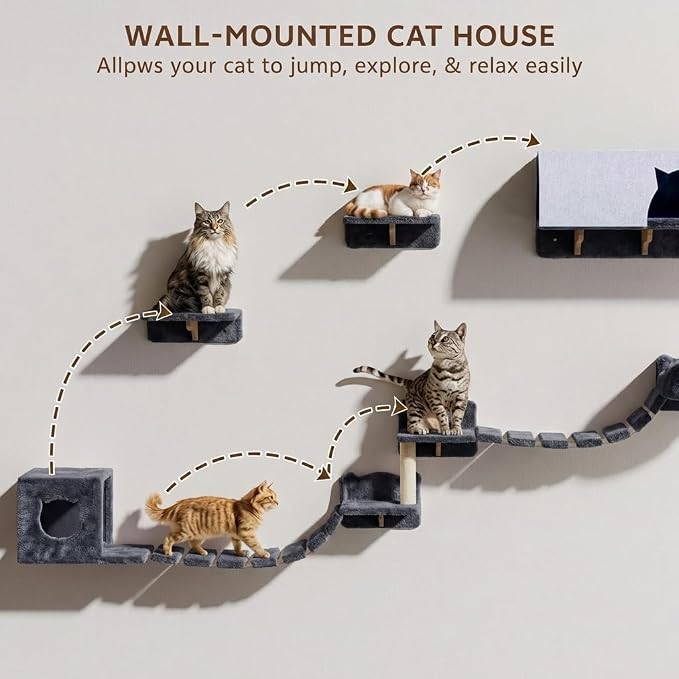 Cat Wall Furniture, 16 in 1 Cat Shelves w/Tunnel & Bridge, Grey | Wall Mounted Cats Shelf Set with Plush Fabric, Cat Climbing Wall Systems for 16 Inch Drywall, with Scratching Posts, Condos
