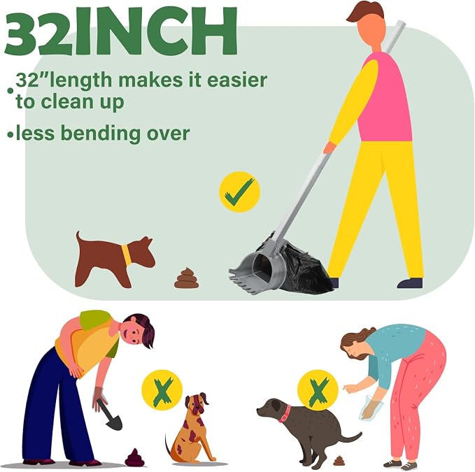 Dog Pooper Scooper with Bag Attachment 30" Pole Small to Large Dogs Heavy Duty Pooper Scooper with 50 Refill Bags Handle Long for Yard Waste Cleanup on Yard Grass One Hand Use